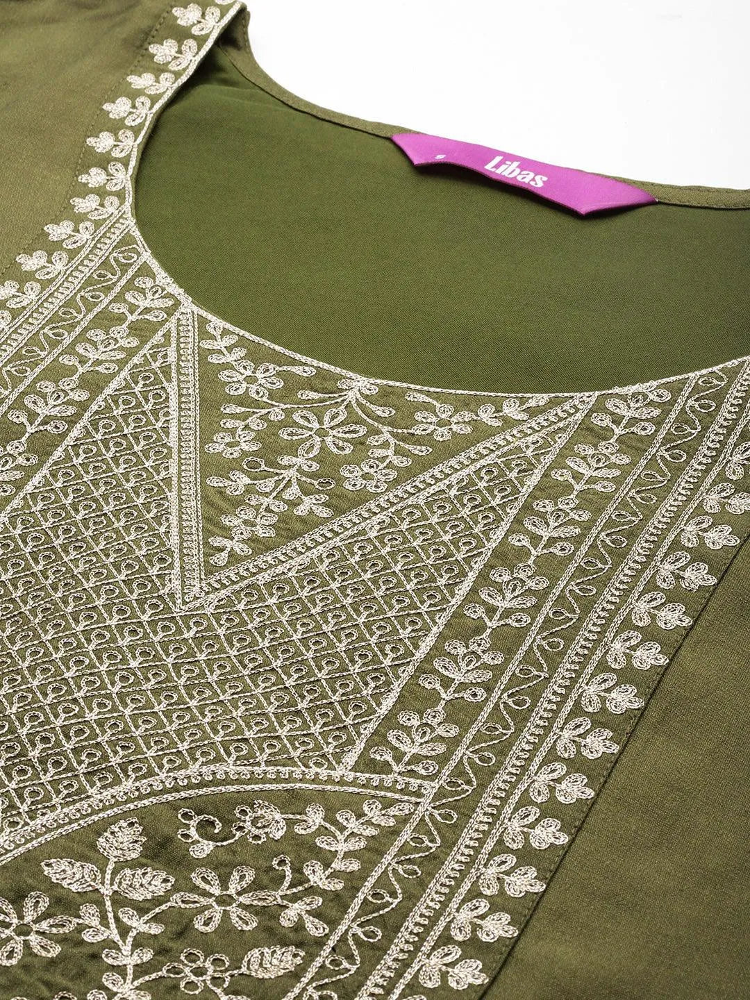 Anouk Olive Yoke Design Silk Blend Straight Suit With Dupatta