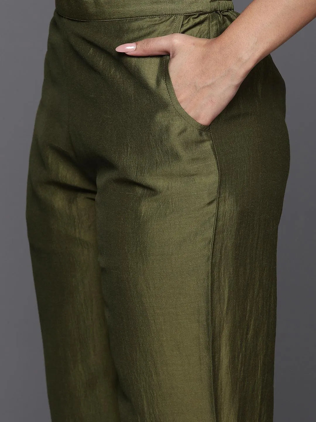 Anouk Olive Yoke Design Silk Blend Straight Suit With Dupatta