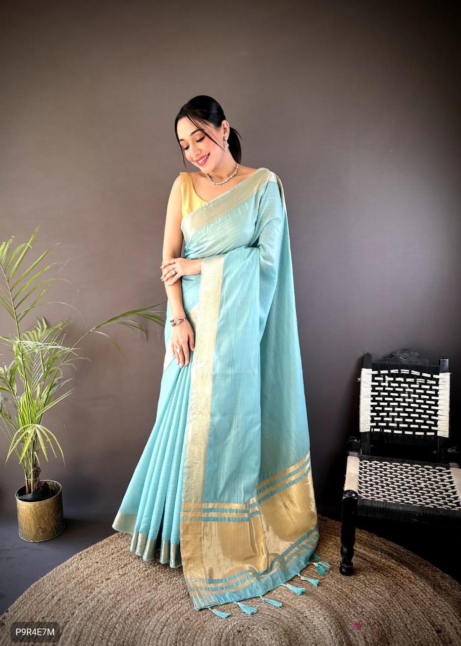 Onam Festival Special Cotton Saree with Zari Checks & Lagadi Pallu – Traditional Kerala Saree with Zari Border & Weaving Blouse