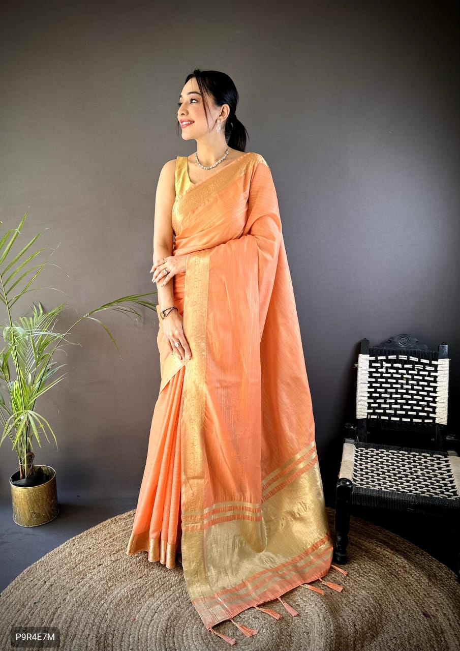 Onam Festival Special Cotton Saree with Zari Checks & Lagadi Pallu – Traditional Kerala Saree with Zari Border & Weaving Blouse
