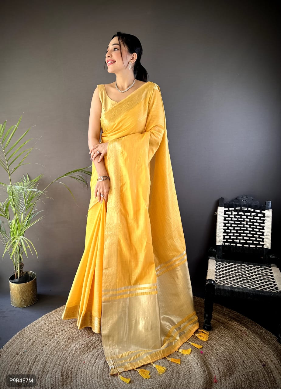 Onam Festival Special Cotton Saree with Zari Checks & Lagadi Pallu – Traditional Kerala Saree with Zari Border & Weaving Blouse