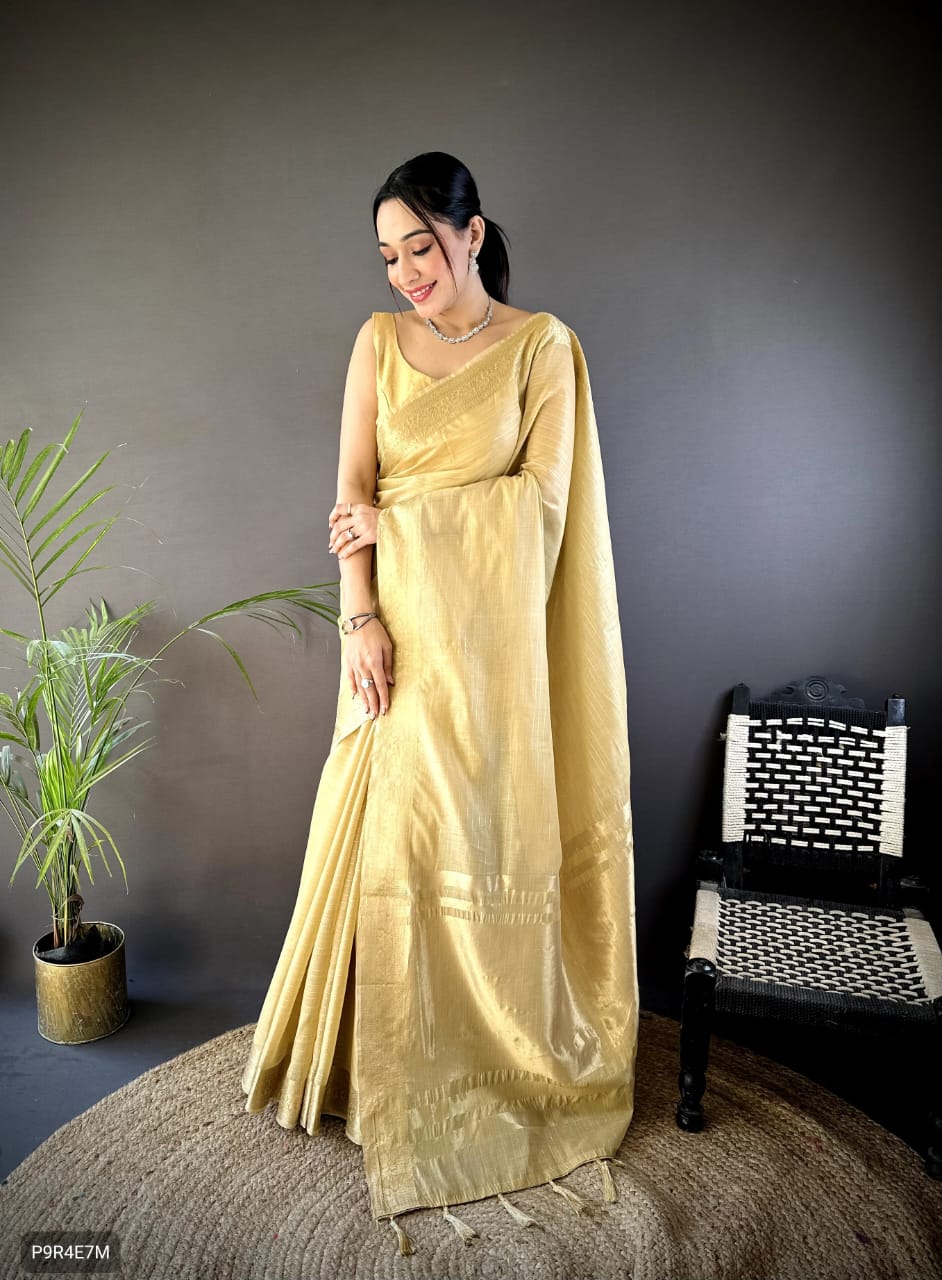 Onam Festival Special Cotton Saree with Zari Checks & Lagadi Pallu – Traditional Kerala Saree with Zari Border & Weaving Blouse