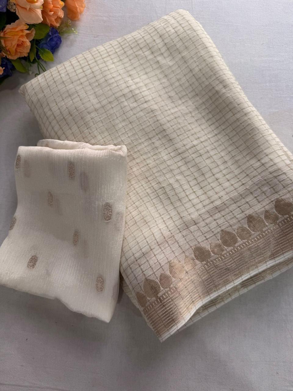 Onam Special Georgette Viscose Chex Saree with Weaving Butti Blouse