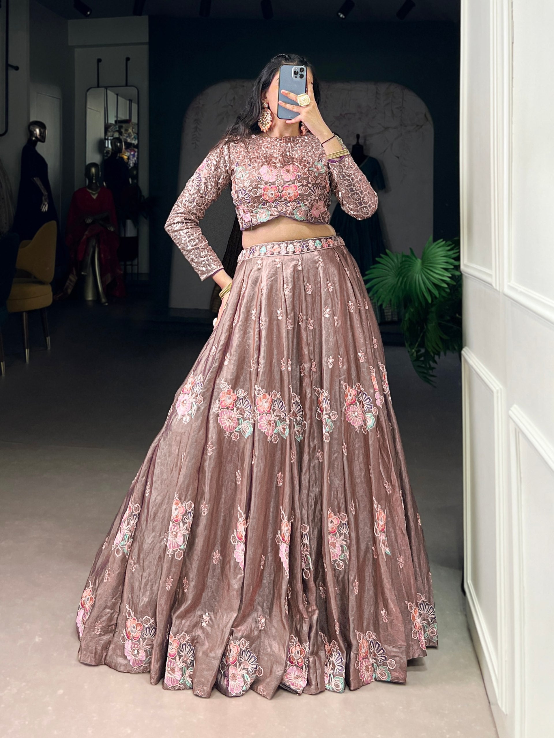 Onion Elegant Fendi Fabric Sequins & Thread Embroidered Lehenga Set – Designer 4.4-Meter Flair Stitched Lehenga with Unstitched Blouse