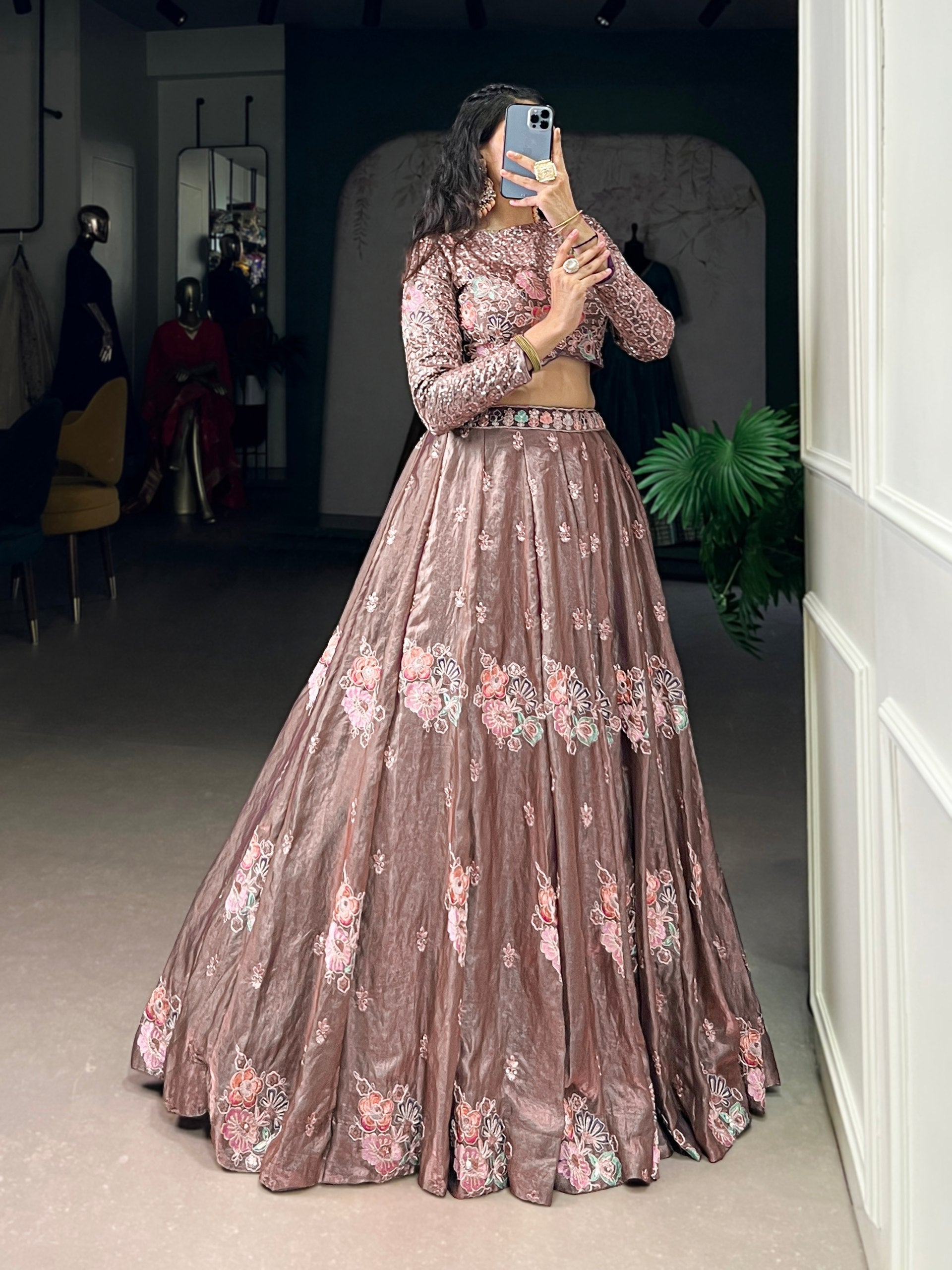 Onion Elegant Fendi Fabric Sequins & Thread Embroidered Lehenga Set – Designer 4.4-Meter Flair Stitched Lehenga with Unstitched Blouse