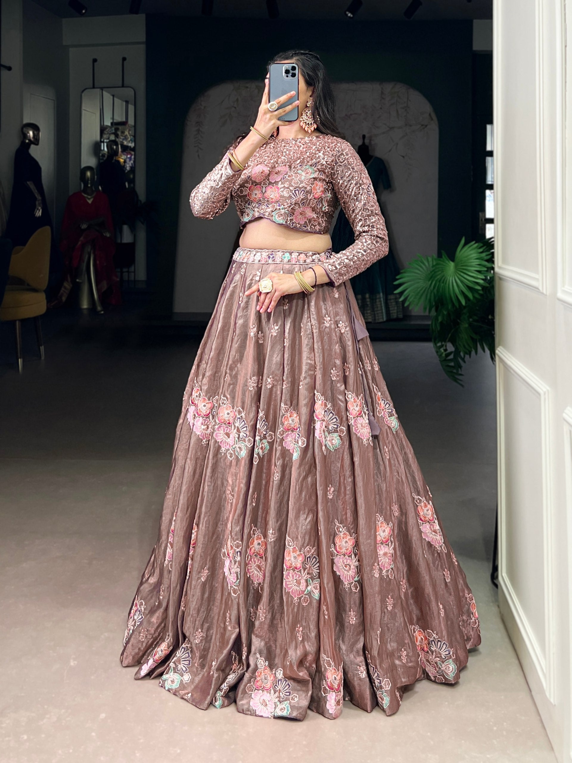 Onion Elegant Fendi Fabric Sequins & Thread Embroidered Lehenga Set – Designer 4.4-Meter Flair Stitched Lehenga with Unstitched Blouse