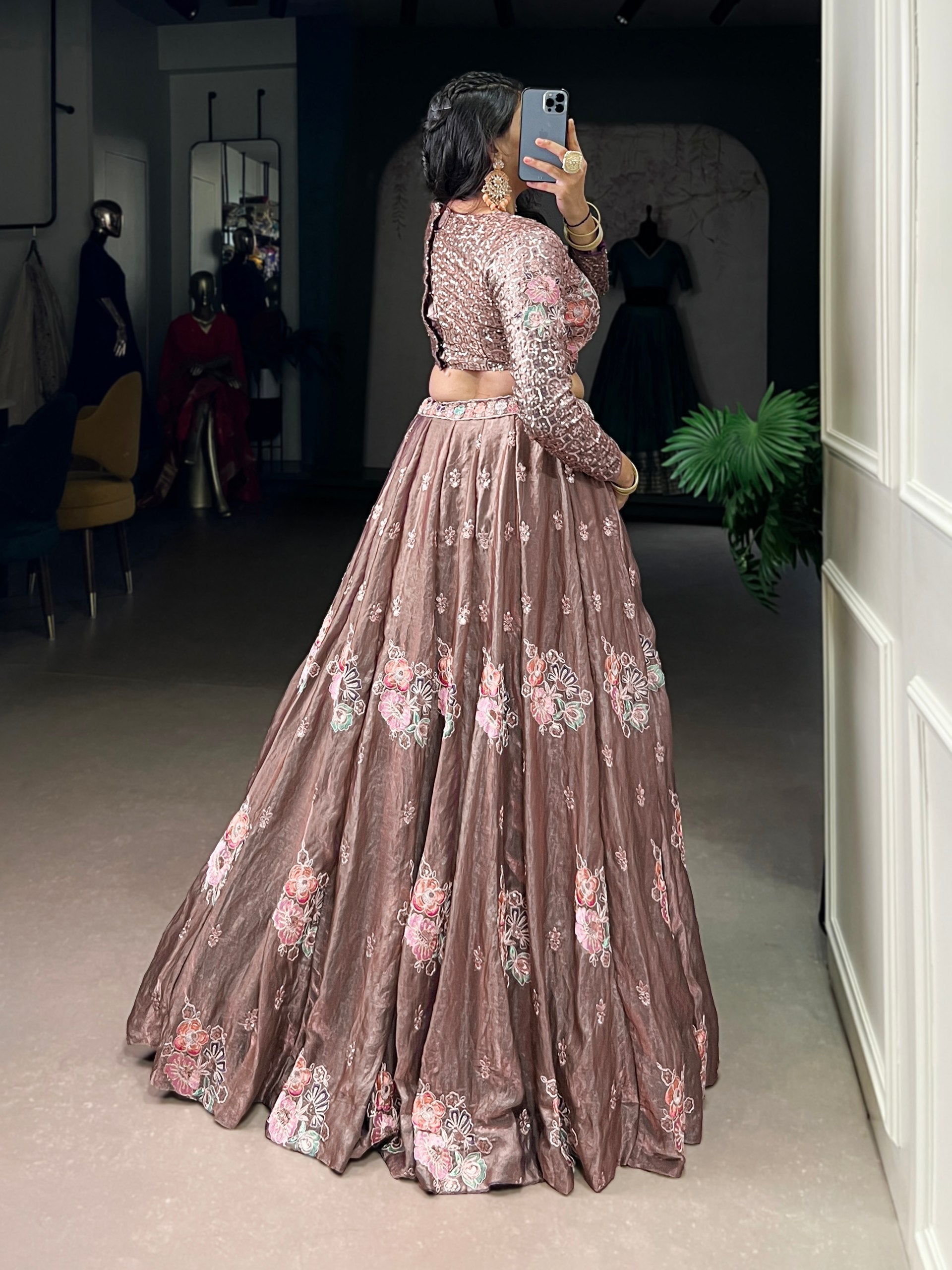 Onion Elegant Fendi Fabric Sequins & Thread Embroidered Lehenga Set – Designer 4.4-Meter Flair Stitched Lehenga with Unstitched Blouse