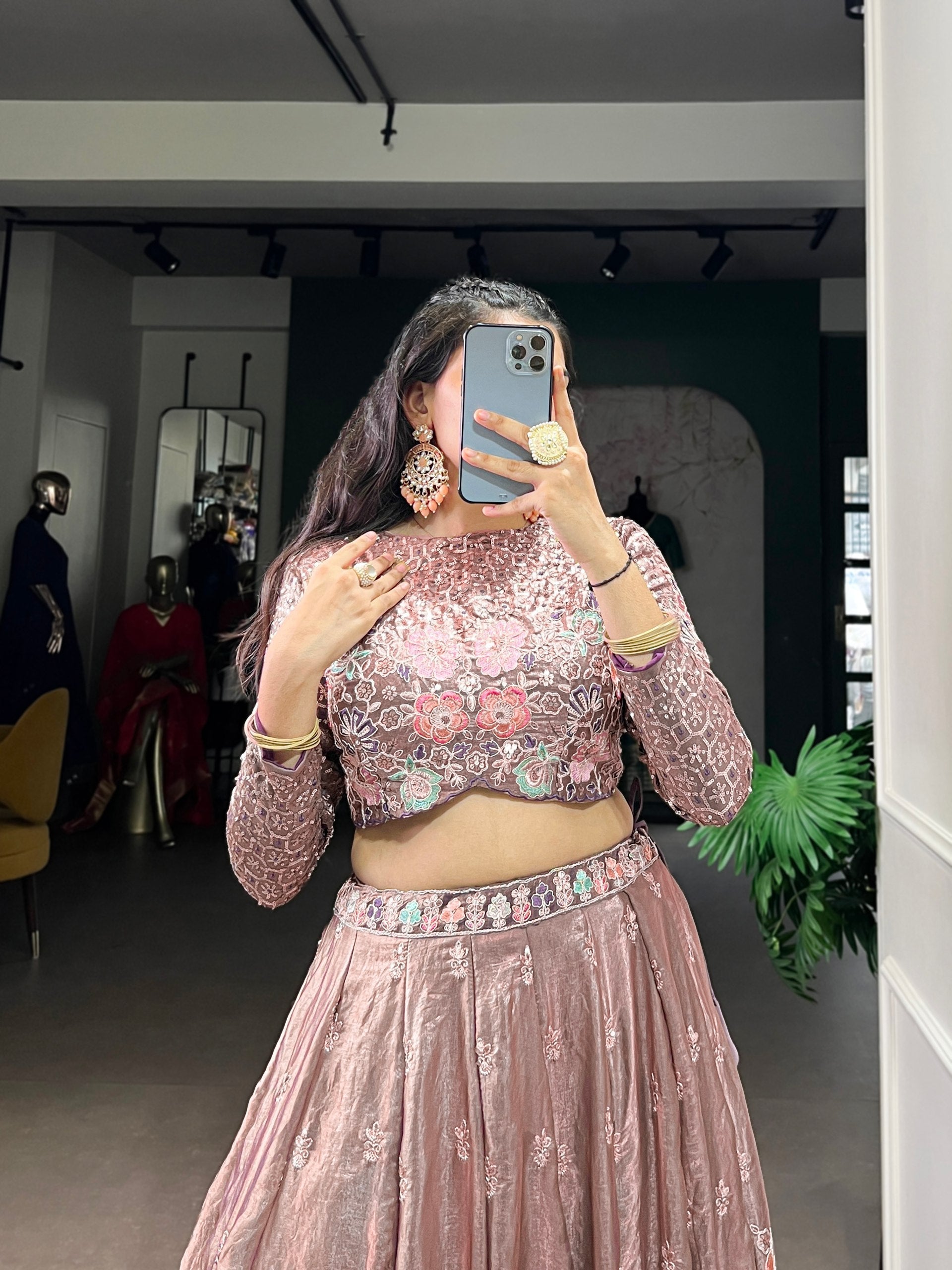 Onion Elegant Fendi Fabric Sequins & Thread Embroidered Lehenga Set – Designer 4.4-Meter Flair Stitched Lehenga with Unstitched Blouse