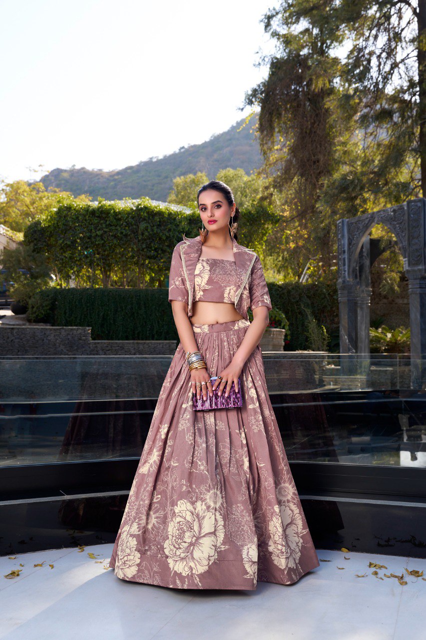 Onion Elegant Tussar Silk Floral Co-ord Set – Lehenga, Blouse & Koti