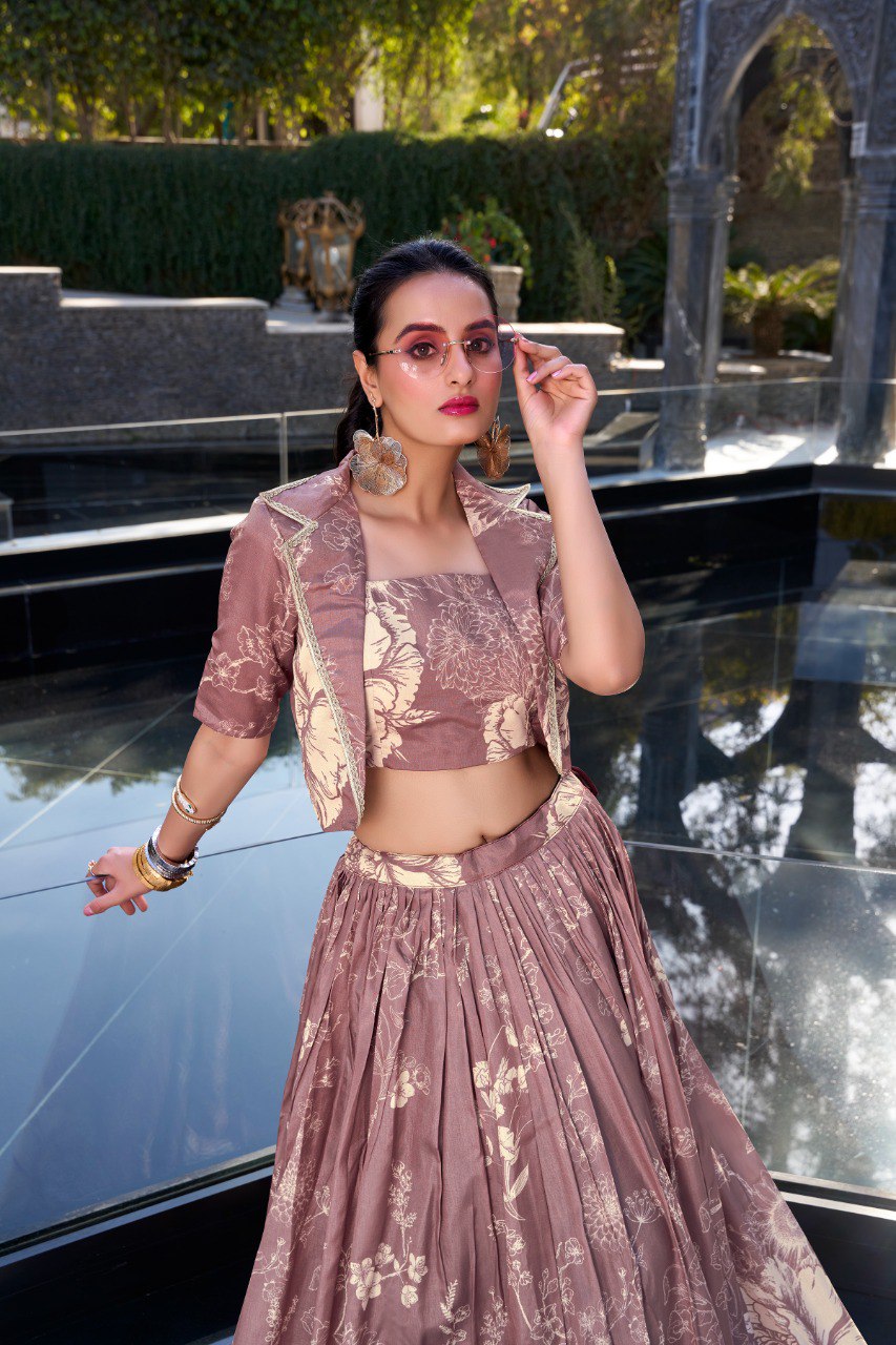 Onion Elegant Tussar Silk Floral Co-ord Set – Lehenga, Blouse & Koti