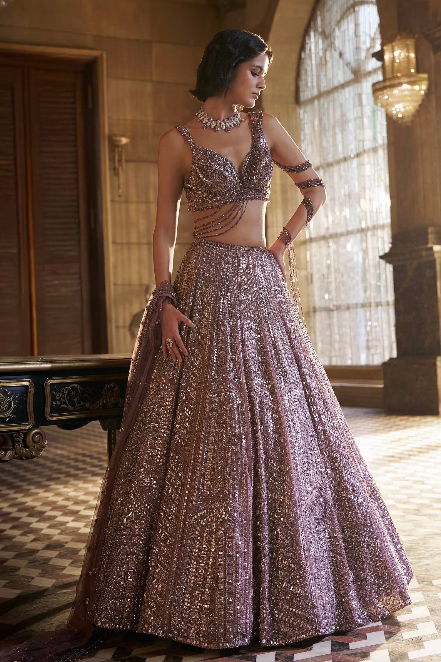 Onion Kasturi Silk Embroidered Lehenga Set