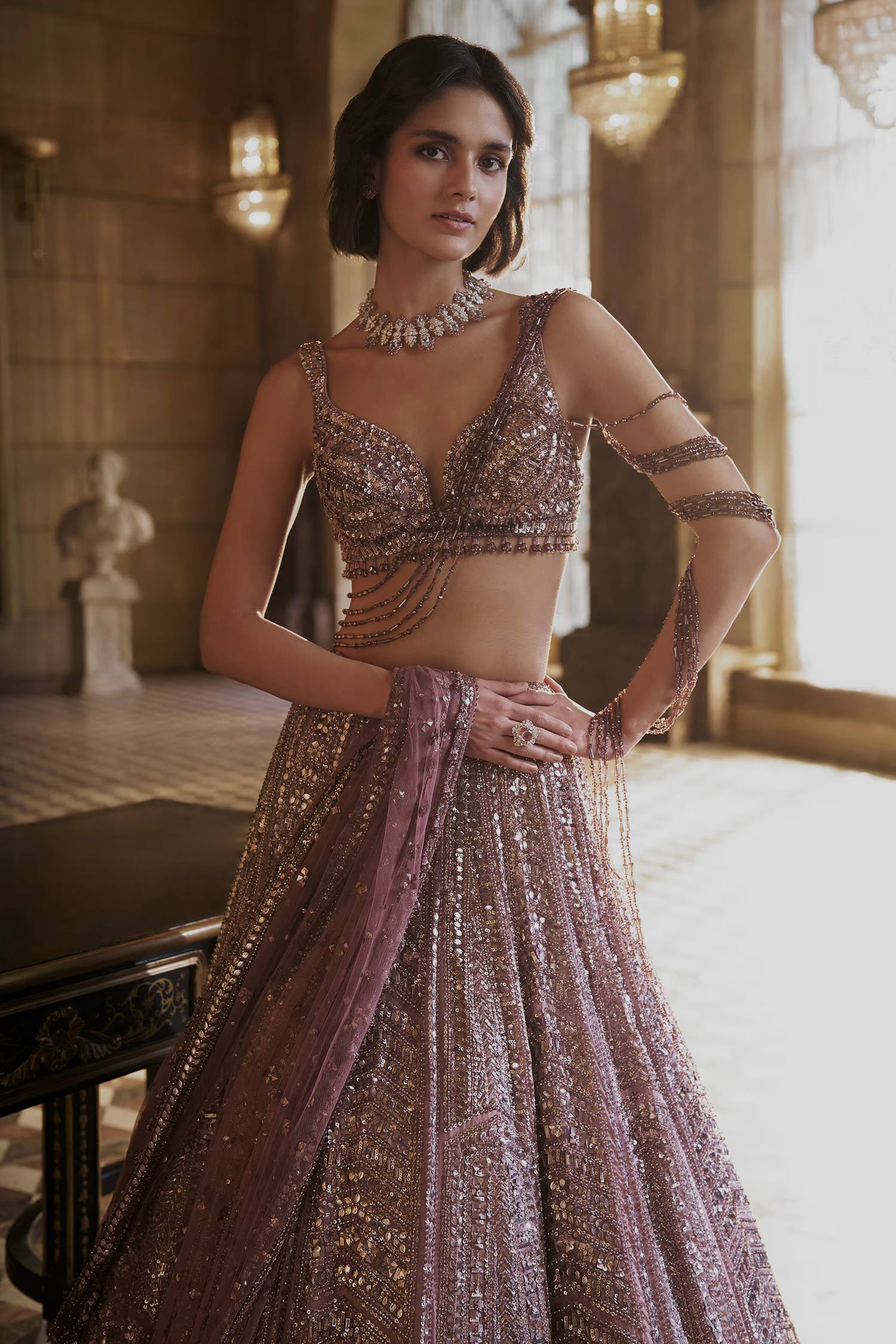 Onion Kasturi Silk Embroidered Lehenga Set