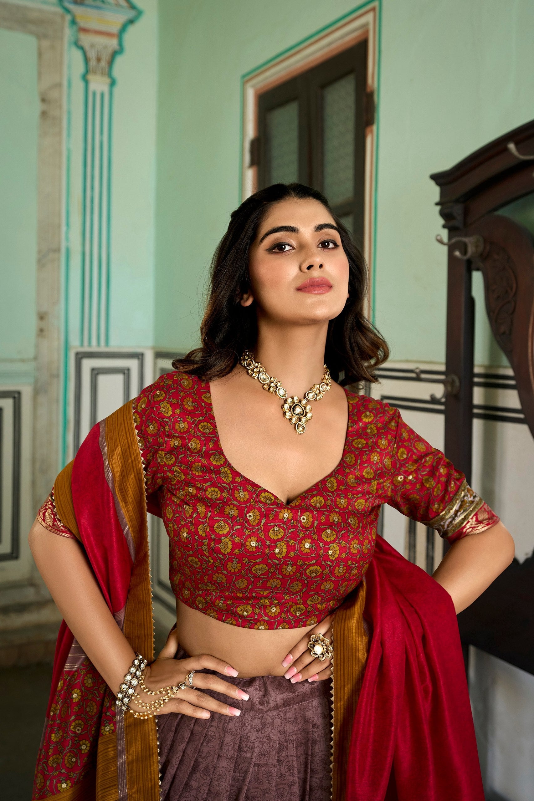 Onion Tussar Silk Lehenga Choli with Stunning Kashmiri Foil Print - Perfect for Weddings & Festivals