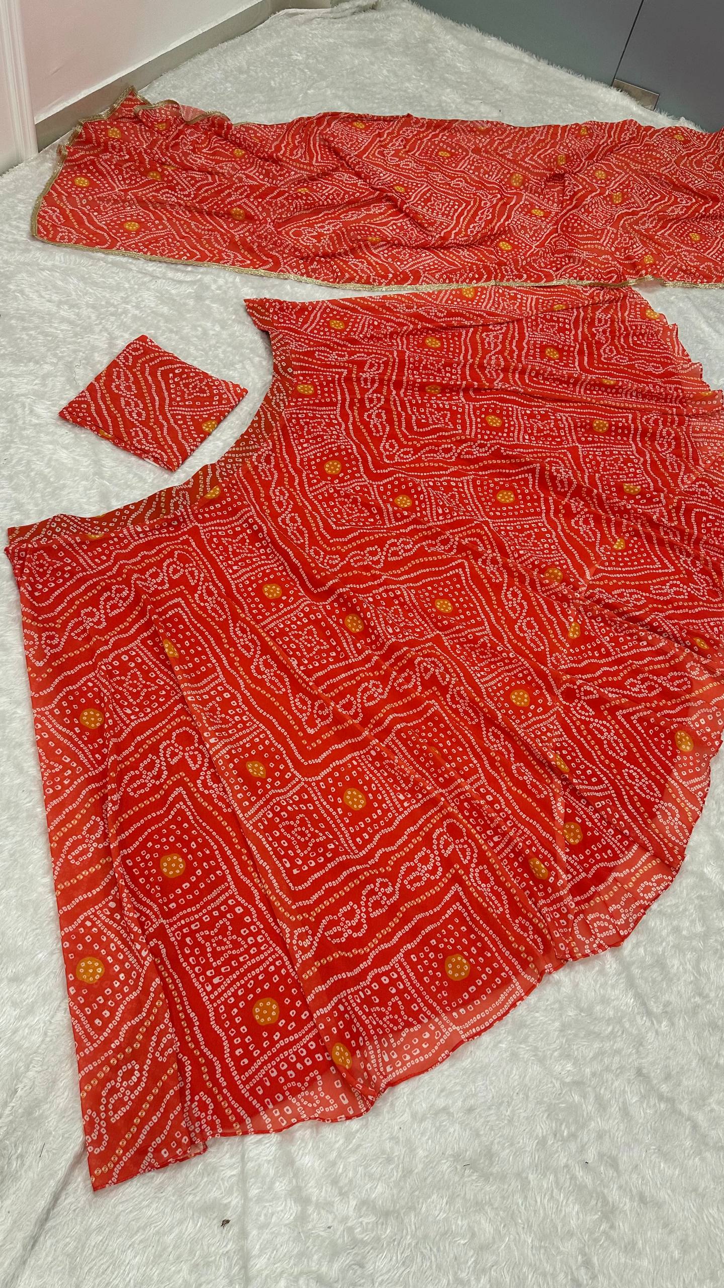 Orange Bandhani Print Faux Georgette Lehenga Choli Set with Dupatta –Navratri Special Festive Wear