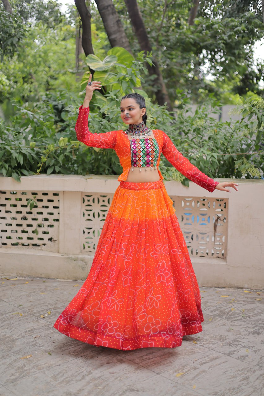Orange Bandhani Print Lehenga with Kutchi Gamthi Patchwork & Matching Blouse