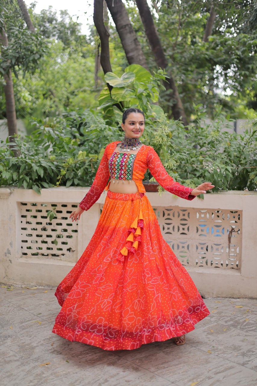 Orange Bandhani Print Lehenga with Kutchi Gamthi Patchwork & Matching Blouse