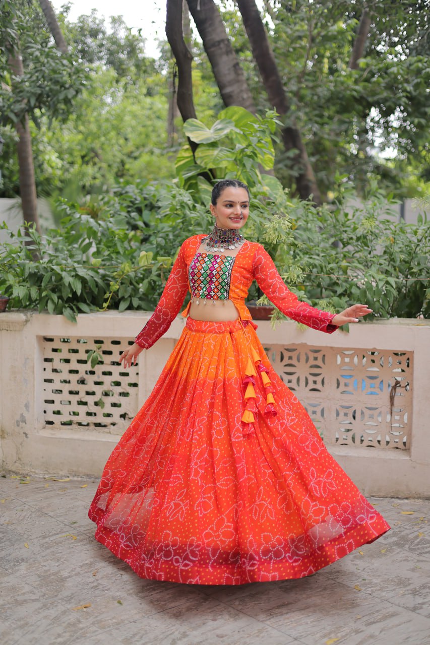 Orange Bandhani Print Lehenga with Kutchi Gamthi Patchwork & Matching Blouse
