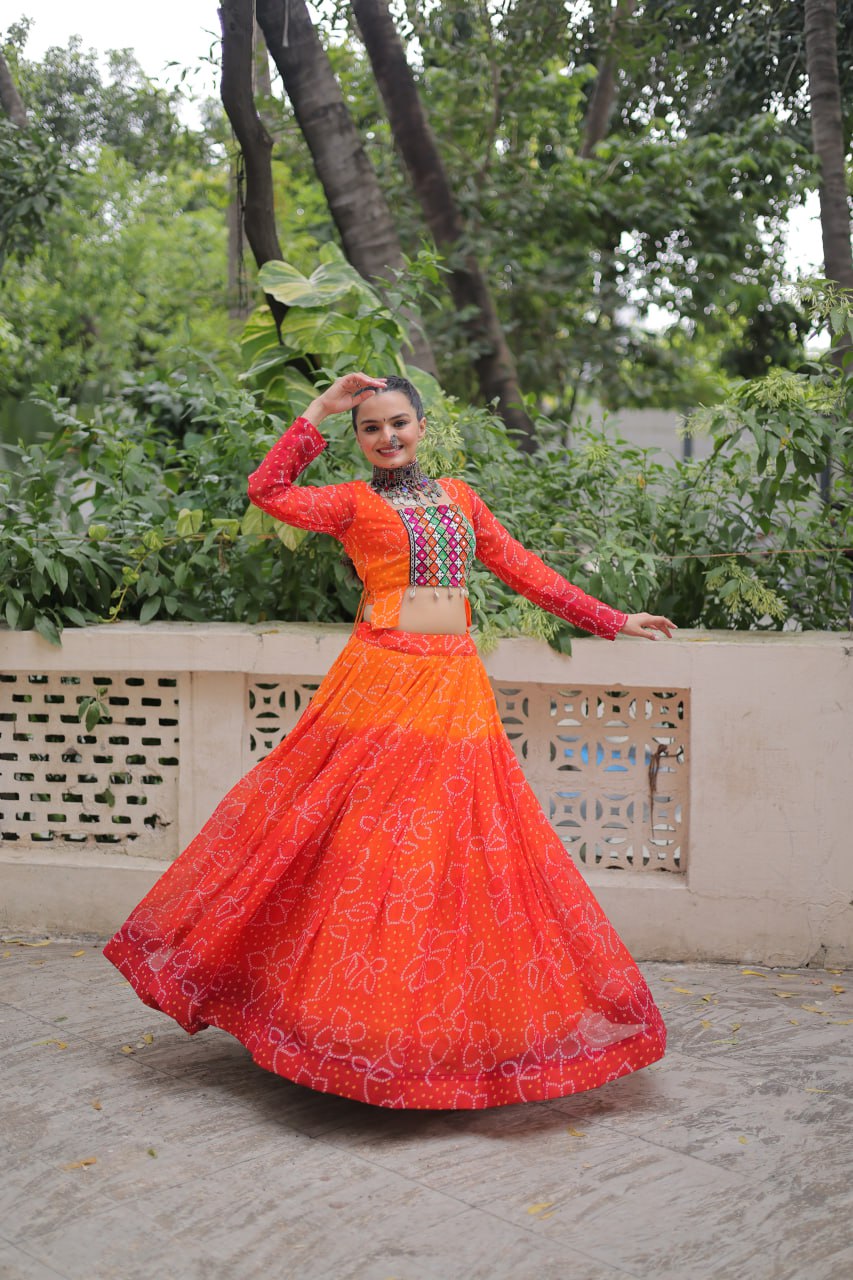 Orange Bandhani Print Lehenga with Kutchi Gamthi Patchwork & Matching Blouse