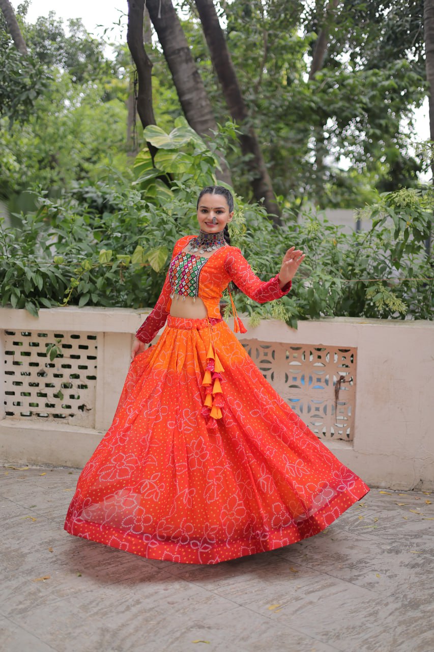 Orange Bandhani Print Lehenga with Kutchi Gamthi Patchwork & Matching Blouse