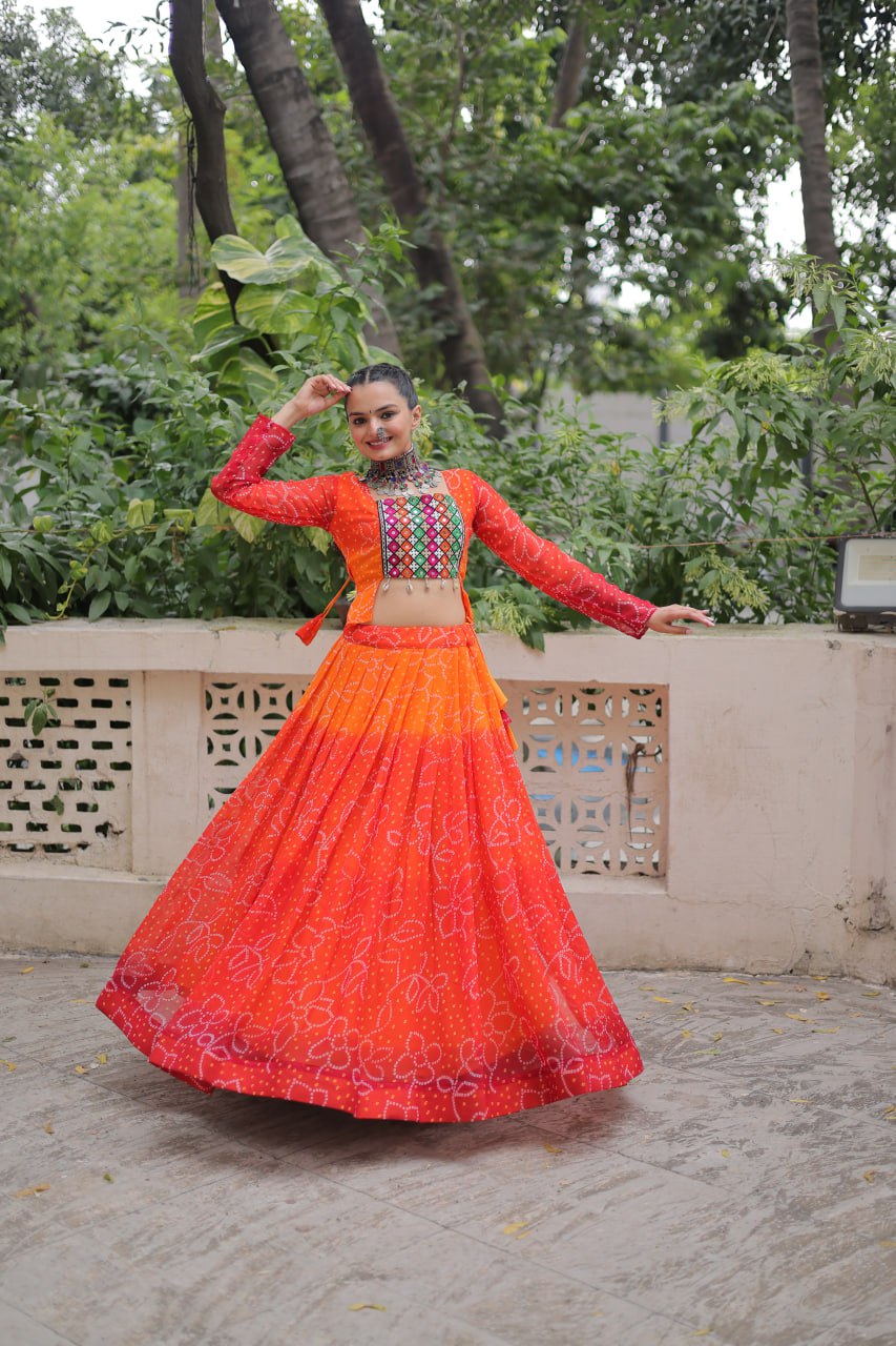Orange Bandhani Print Lehenga with Kutchi Gamthi Patchwork & Matching Blouse