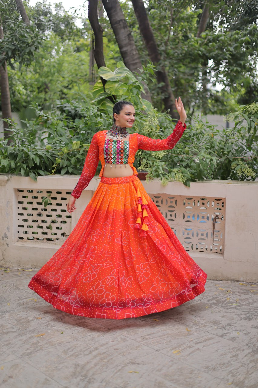 Orange Bandhani Print Lehenga with Kutchi Gamthi Patchwork & Matching Blouse