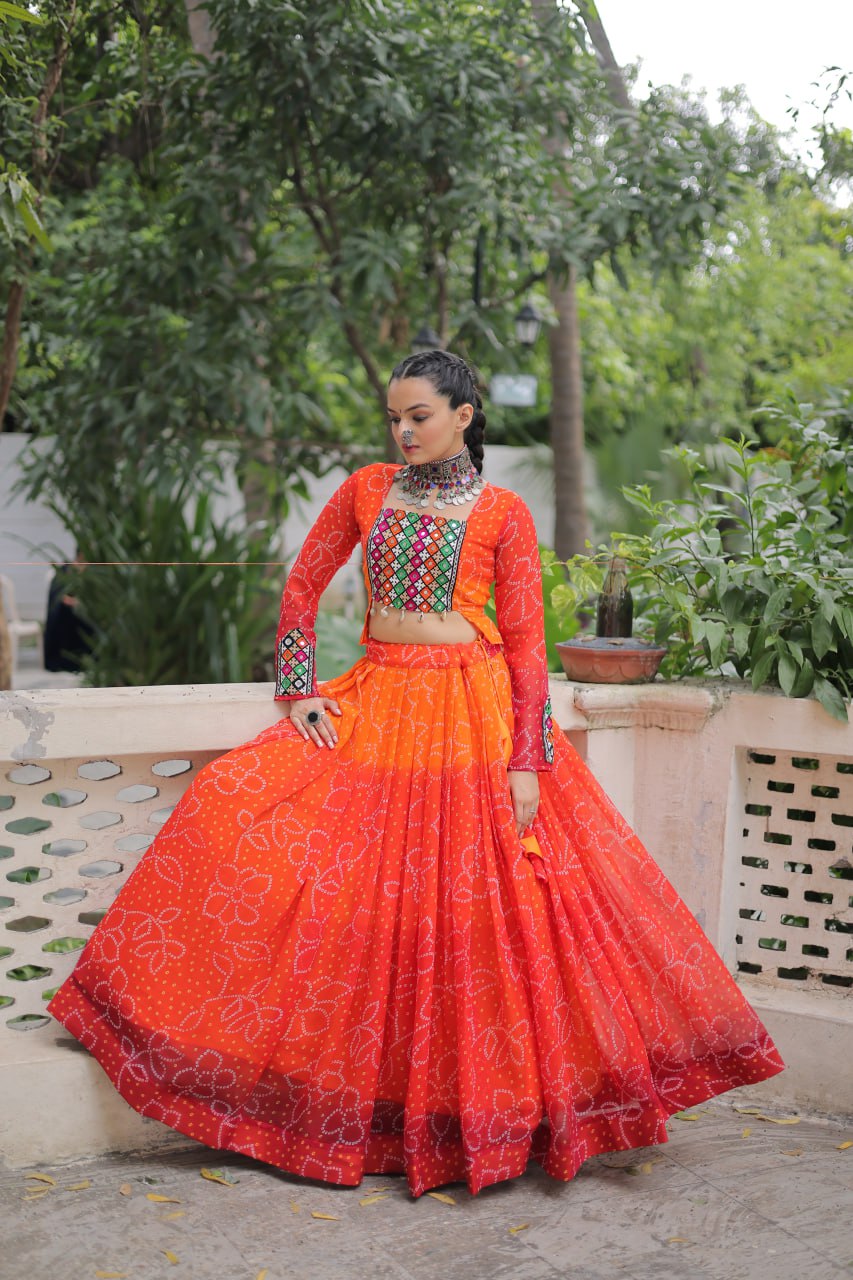 Orange Bandhani Print Lehenga with Kutchi Gamthi Patchwork & Matching Blouse