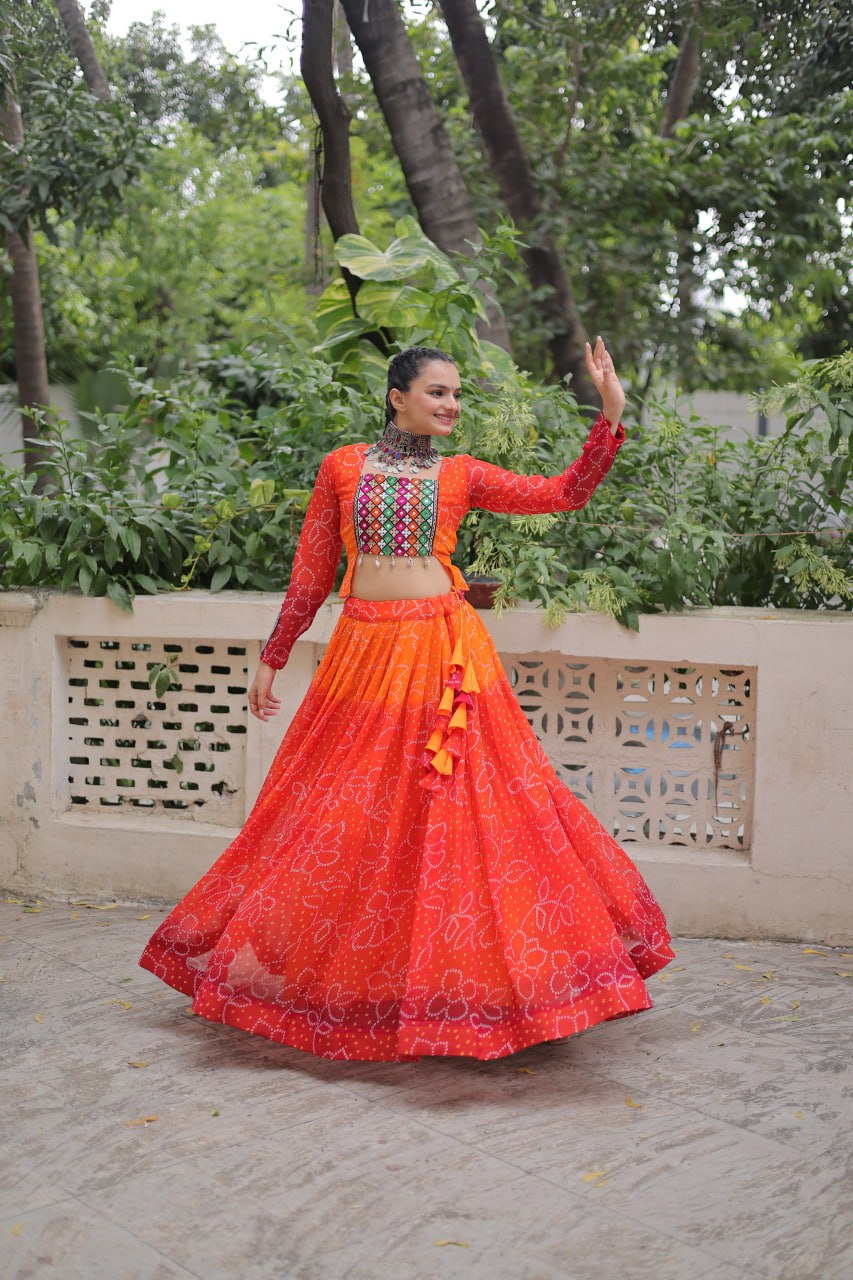 Orange Bandhani Print Lehenga with Kutchi Gamthi Patchwork & Matching Blouse