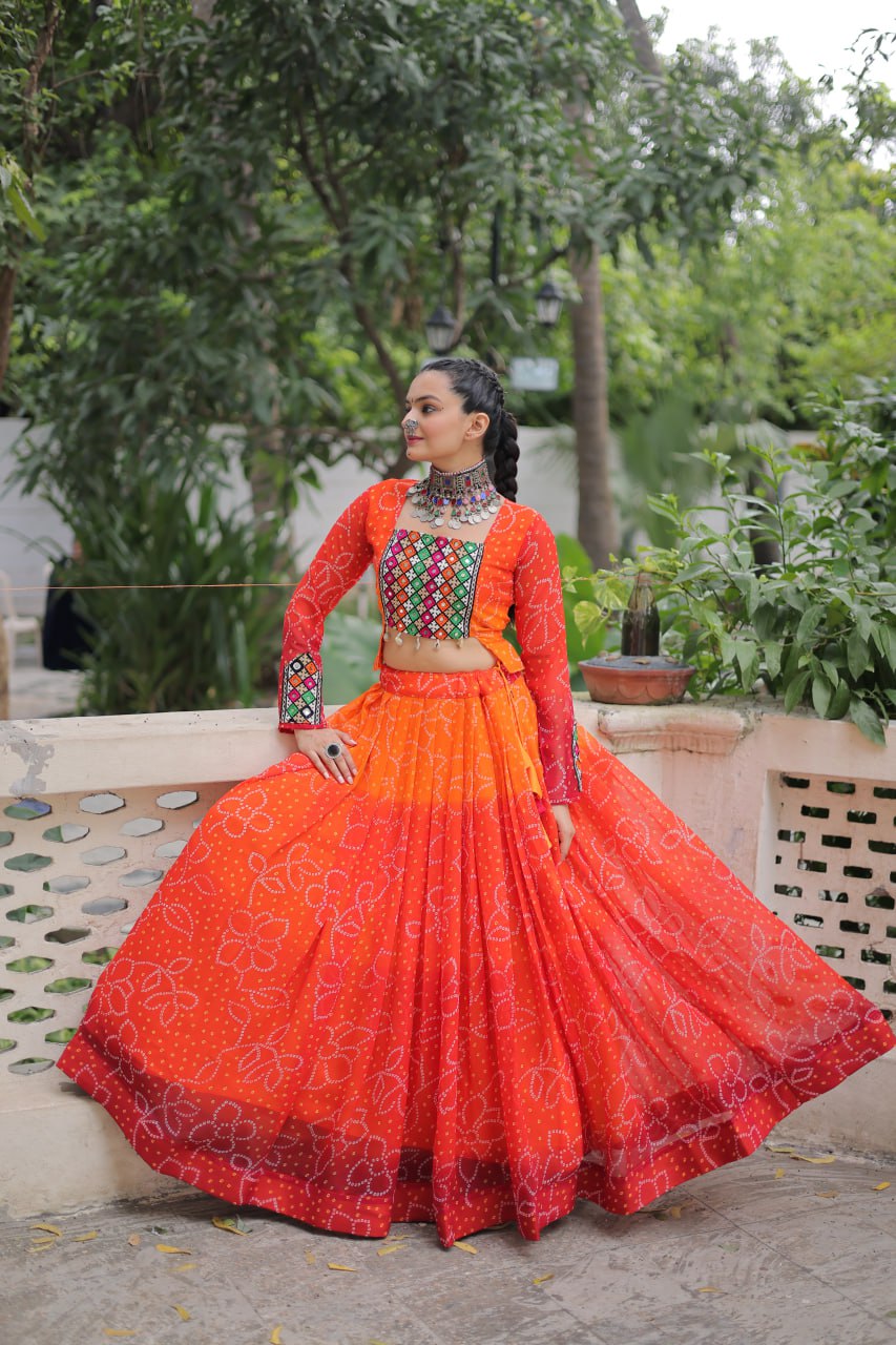 Orange Bandhani Print Lehenga with Kutchi Gamthi Patchwork & Matching Blouse