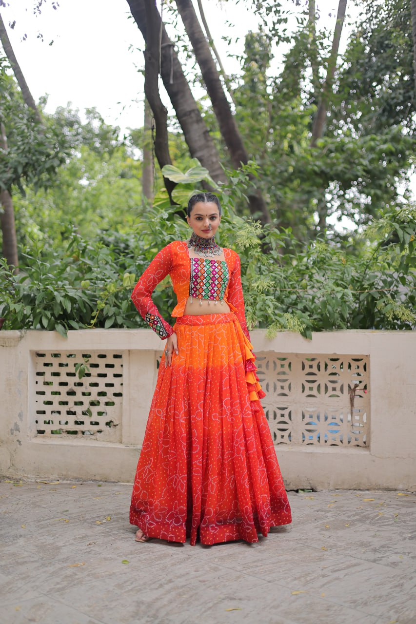 Orange Bandhani Print Lehenga with Kutchi Gamthi Patchwork & Matching Blouse