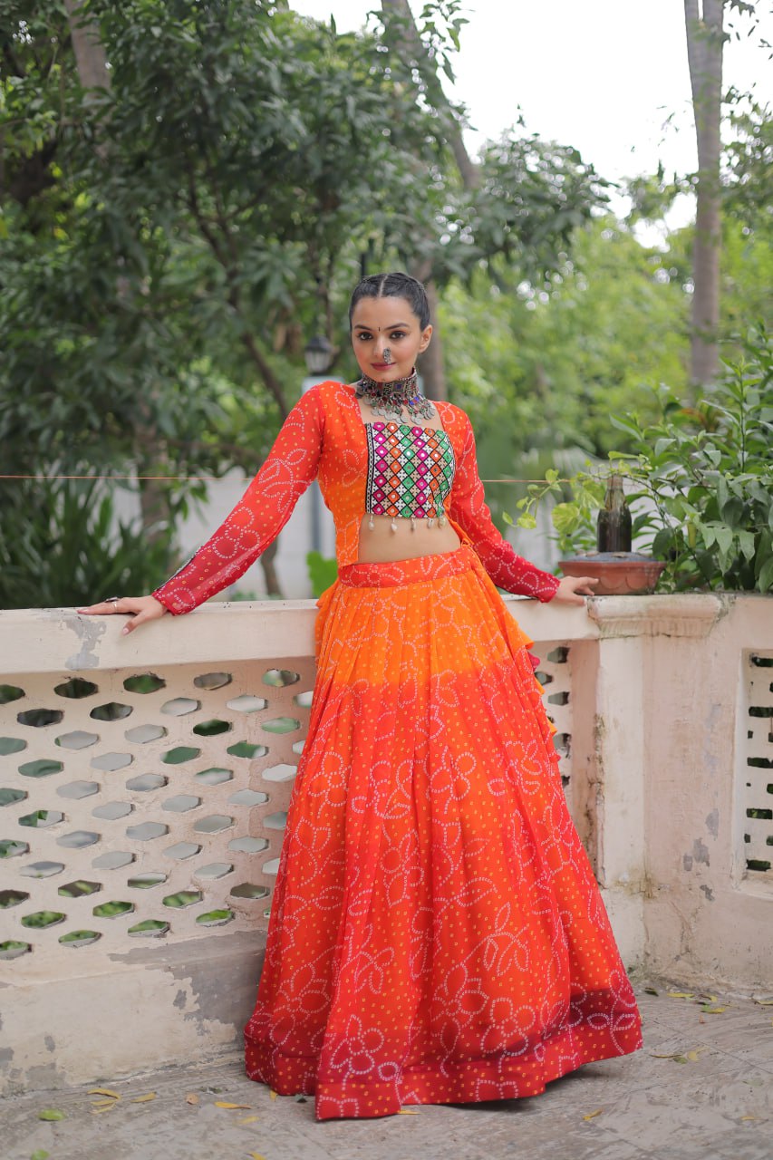 Orange Bandhani Print Lehenga with Kutchi Gamthi Patchwork & Matching Blouse
