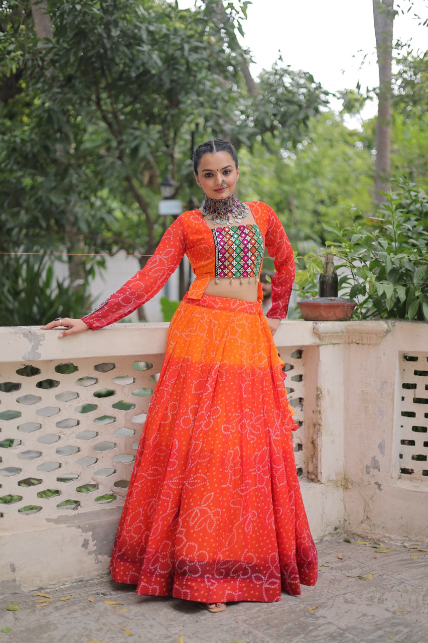 Orange Bandhani Print Lehenga with Kutchi Gamthi Patchwork & Matching Blouse
