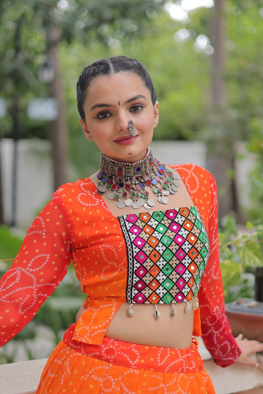 Orange Bandhani Print Lehenga with Kutchi Gamthi Patchwork & Matching Blouse