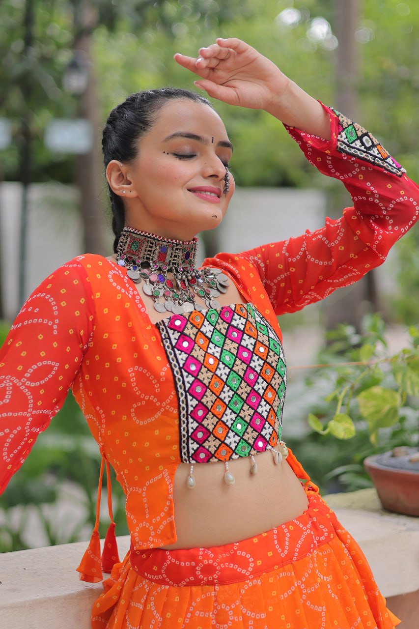 Orange Bandhani Print Lehenga with Kutchi Gamthi Patchwork & Matching Blouse