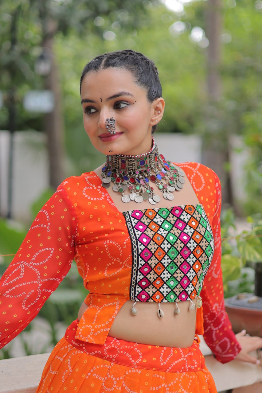 Orange Bandhani Print Lehenga with Kutchi Gamthi Patchwork & Matching Blouse