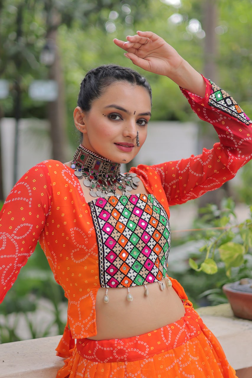 Orange Bandhani Print Lehenga with Kutchi Gamthi Patchwork & Matching Blouse