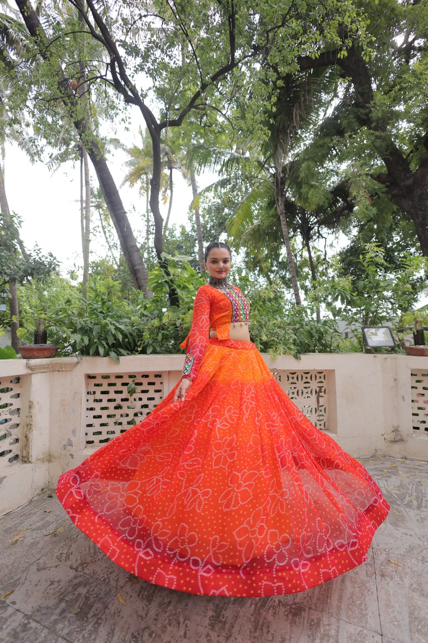 Orange Bandhani Print Lehenga with Kutchi Gamthi Patchwork & Matching Blouse