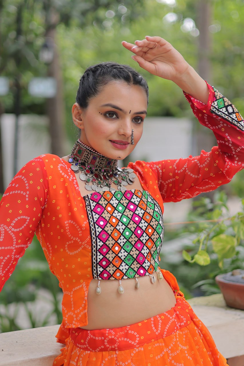 Orange Bandhani Print Lehenga with Kutchi Gamthi Patchwork & Matching Blouse