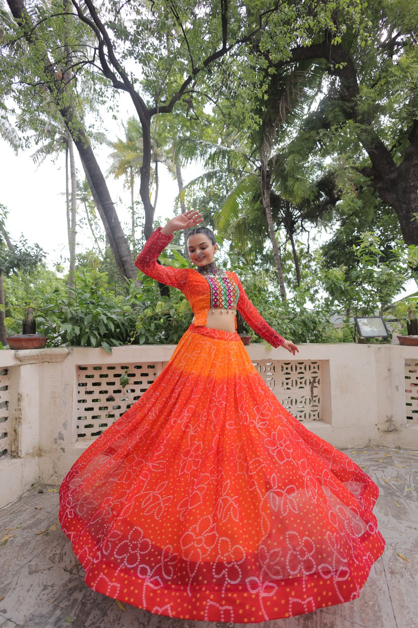 Orange Bandhani Print Lehenga with Kutchi Gamthi Patchwork & Matching Blouse