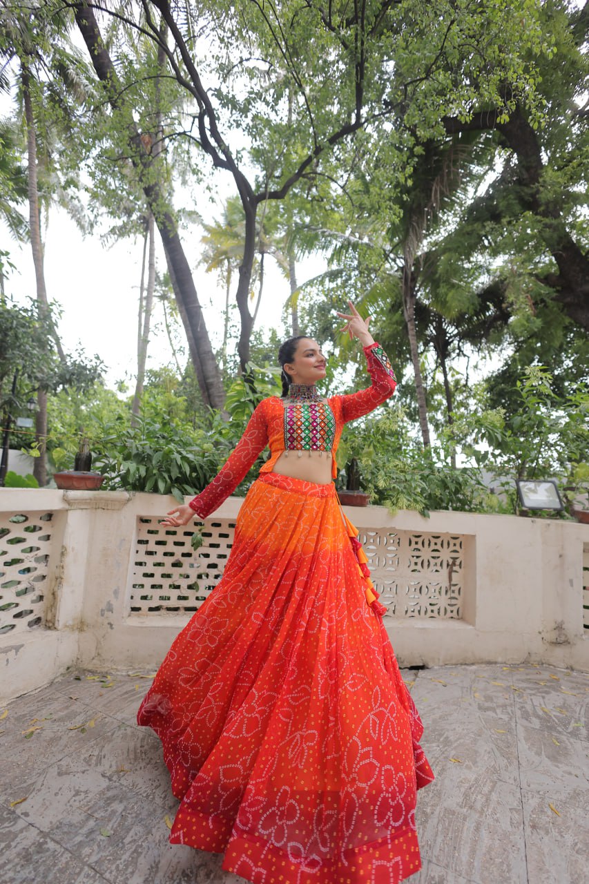 Orange Bandhani Print Lehenga with Kutchi Gamthi Patchwork & Matching Blouse