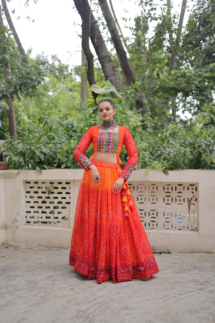 Orange Bandhani Print Lehenga with Kutchi Gamthi Patchwork & Matching Blouse