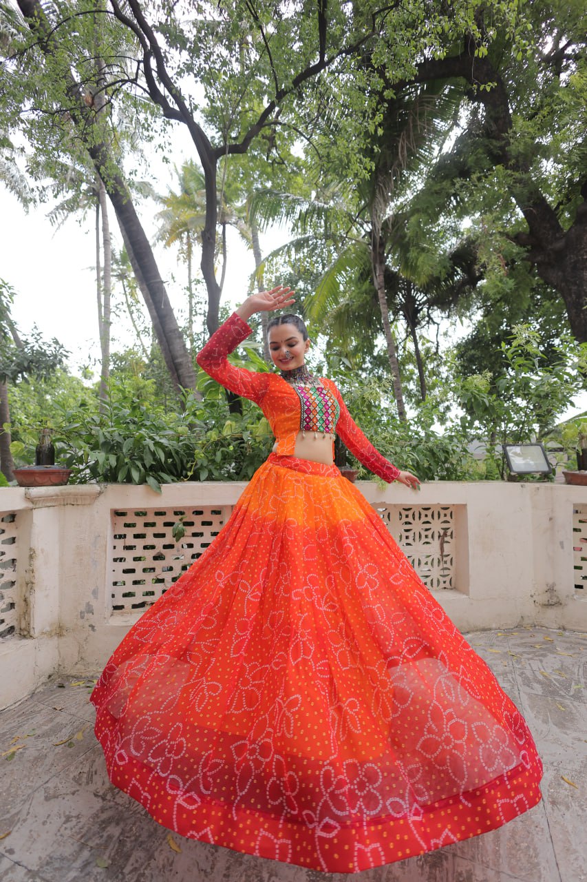 Orange Bandhani Print Lehenga with Kutchi Gamthi Patchwork & Matching Blouse