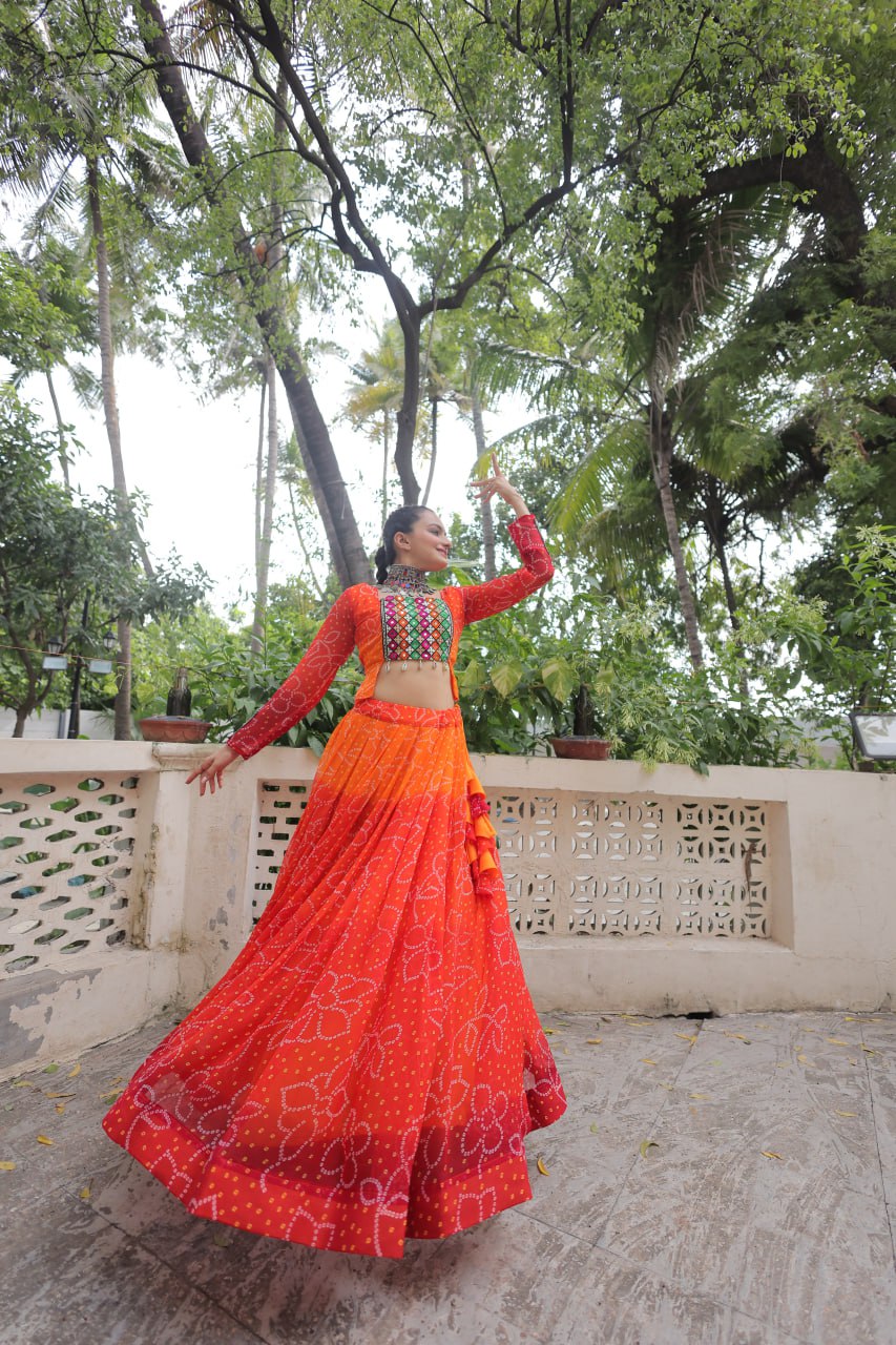 Orange Bandhani Print Lehenga with Kutchi Gamthi Patchwork & Matching Blouse