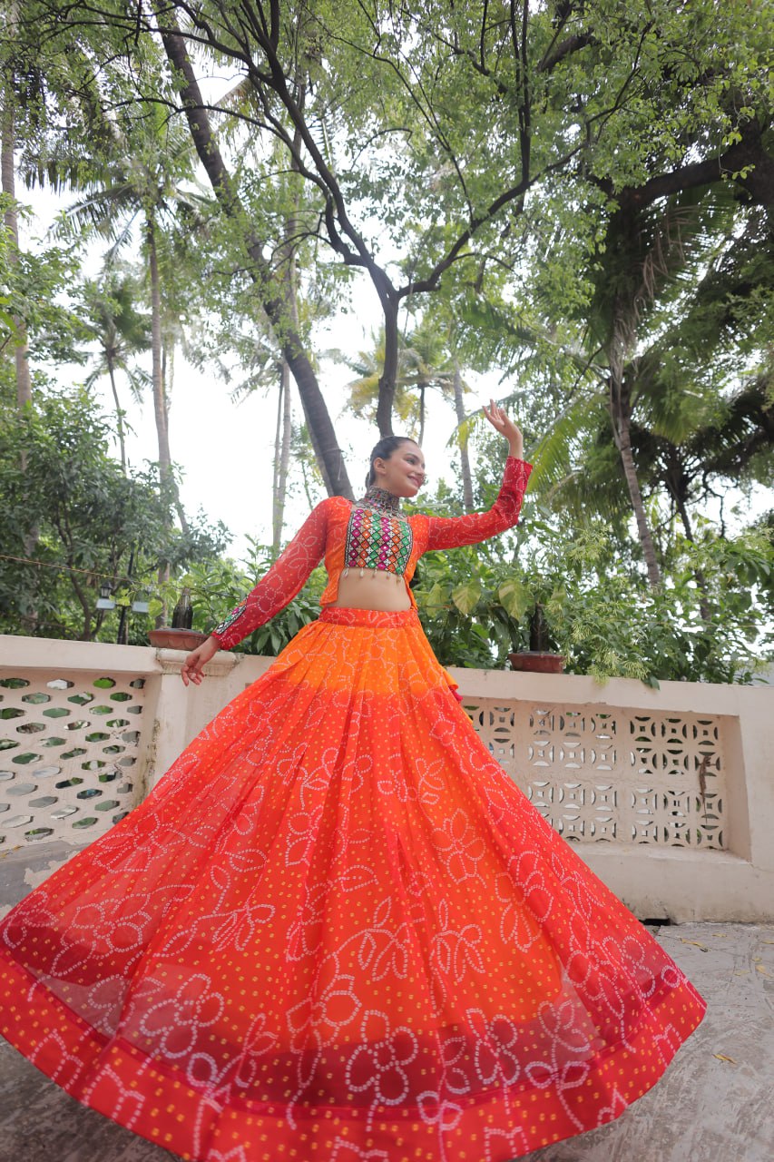 Orange Bandhani Print Lehenga with Kutchi Gamthi Patchwork & Matching Blouse