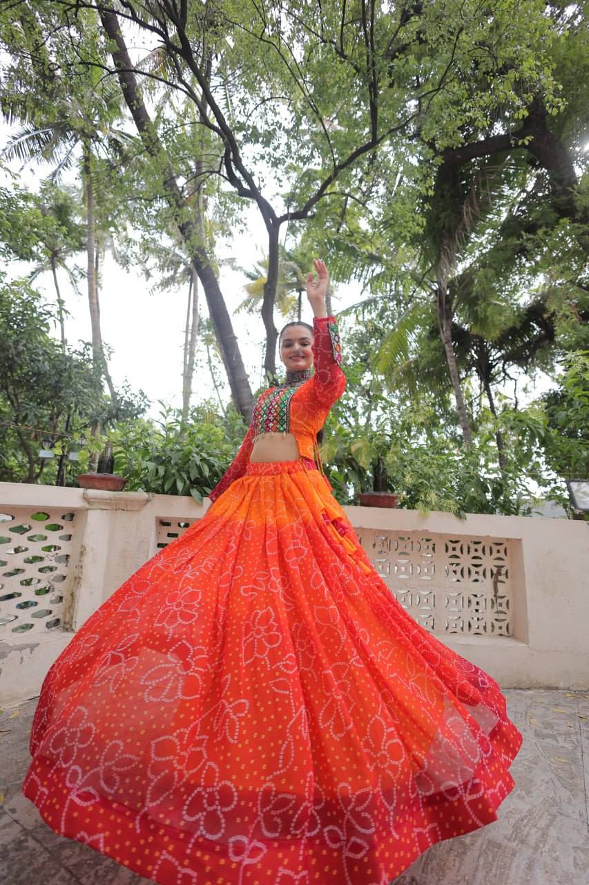 Orange Bandhani Print Lehenga with Kutchi Gamthi Patchwork & Matching Blouse