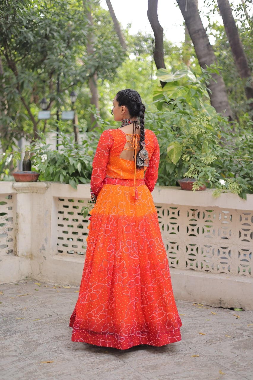 Orange Bandhani Print Lehenga with Kutchi Gamthi Patchwork & Matching Blouse