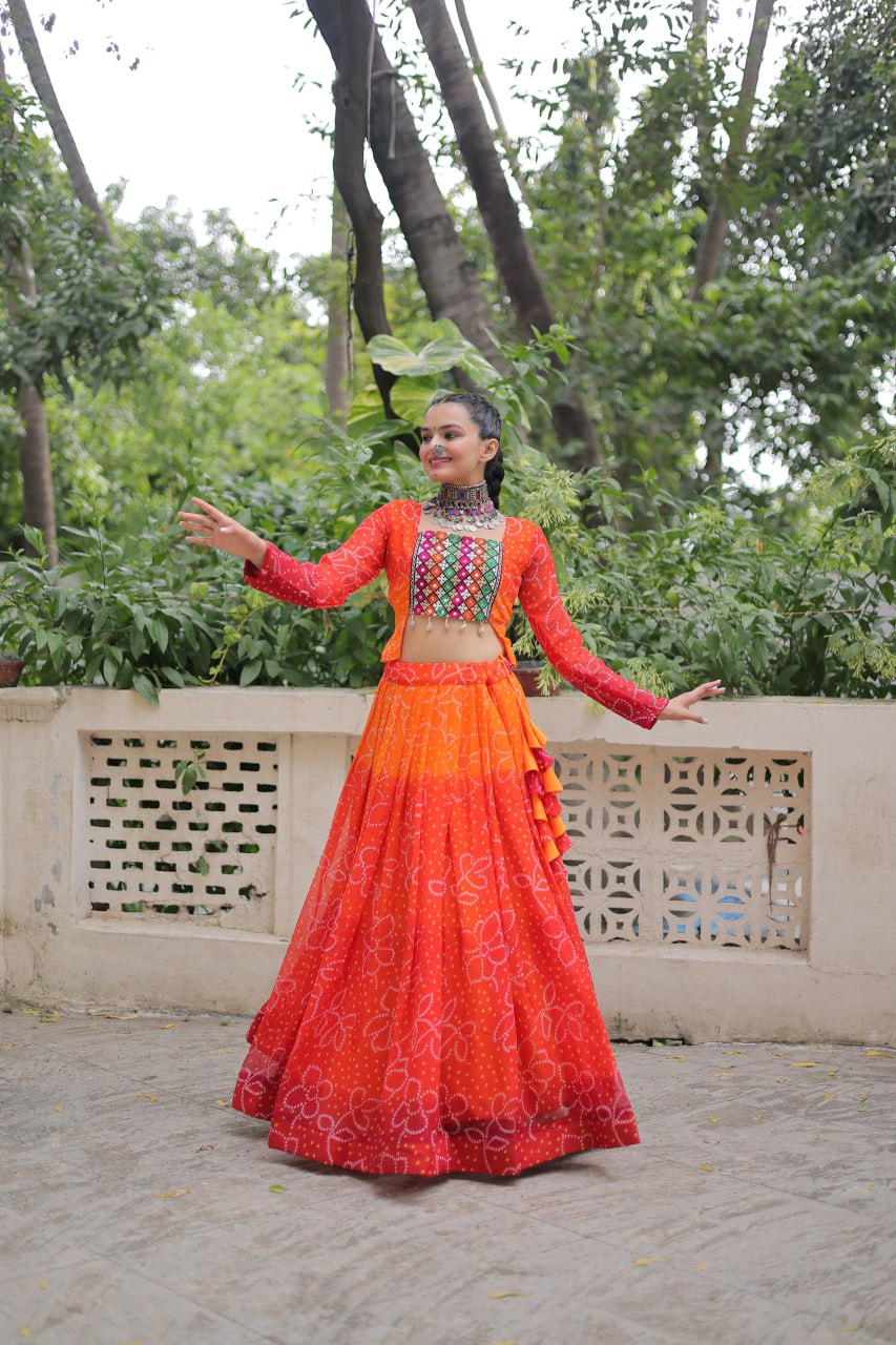 Orange Bandhani Print Lehenga with Kutchi Gamthi Patchwork & Matching Blouse