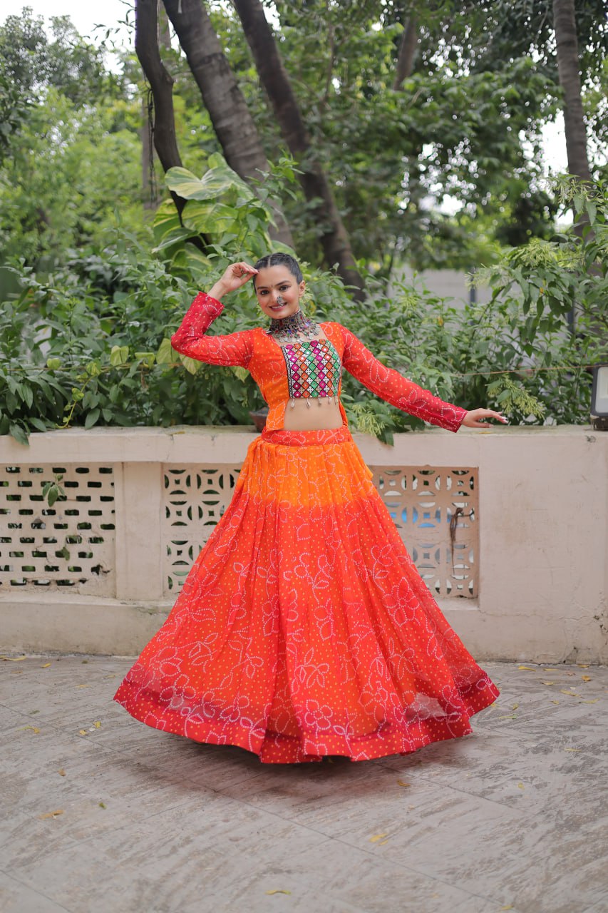 Orange Bandhani Print Lehenga with Kutchi Gamthi Patchwork & Matching Blouse