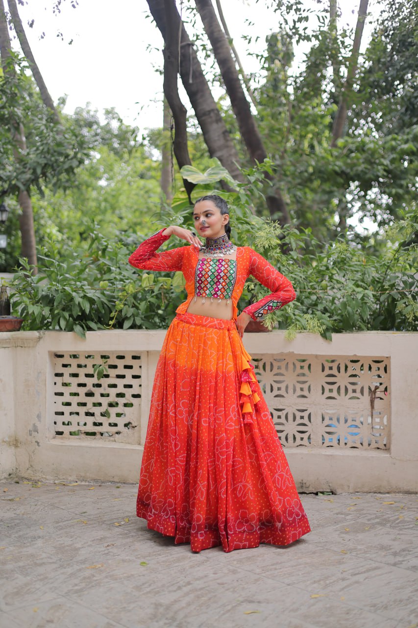 Orange Bandhani Print Lehenga with Kutchi Gamthi Patchwork & Matching Blouse