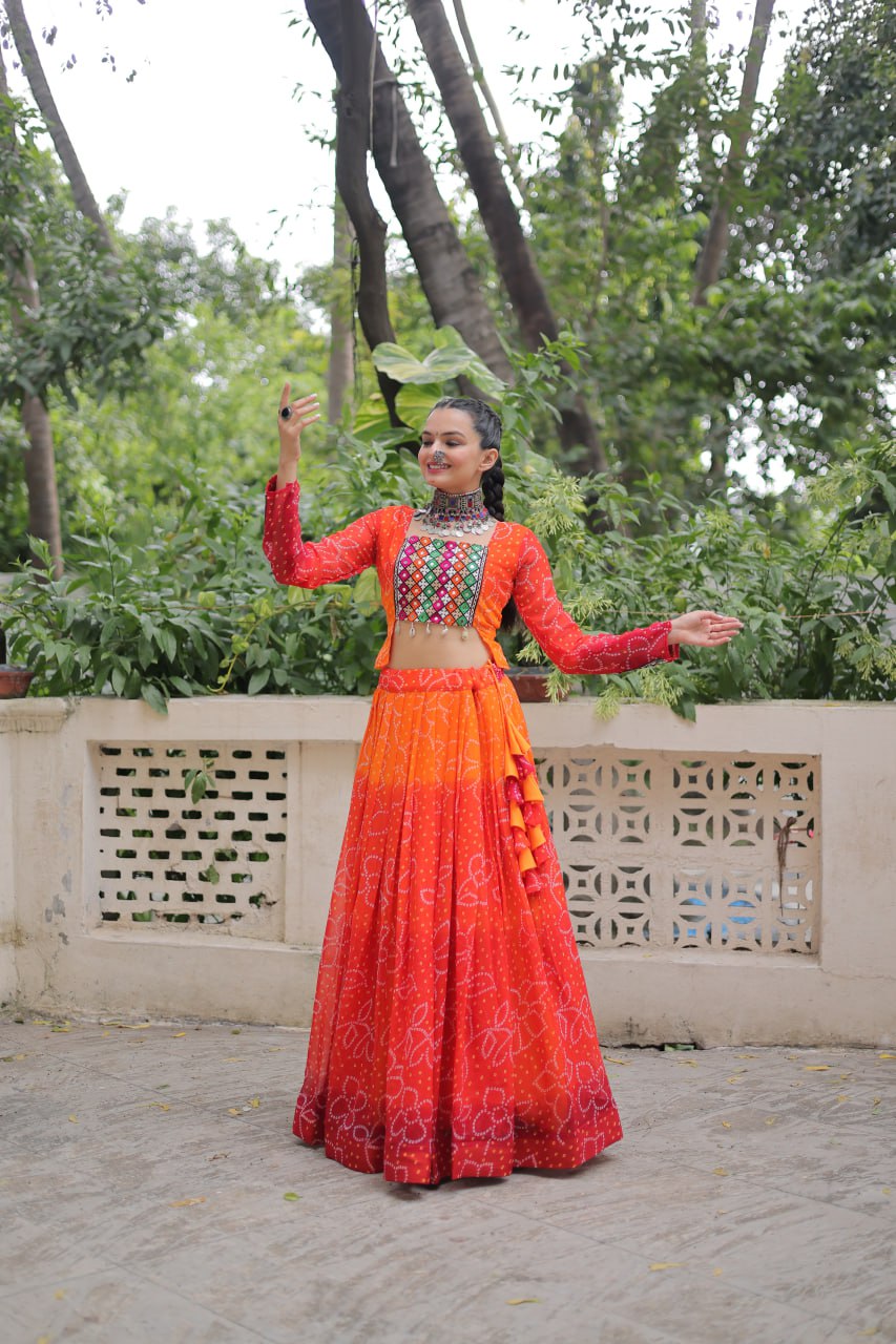 Orange Bandhani Print Lehenga with Kutchi Gamthi Patchwork & Matching Blouse