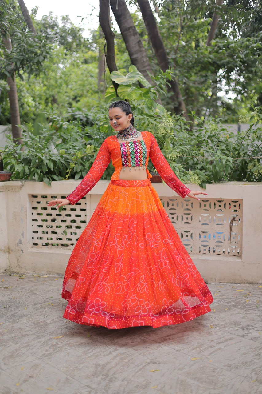 Orange Bandhani Print Lehenga with Kutchi Gamthi Patchwork & Matching Blouse